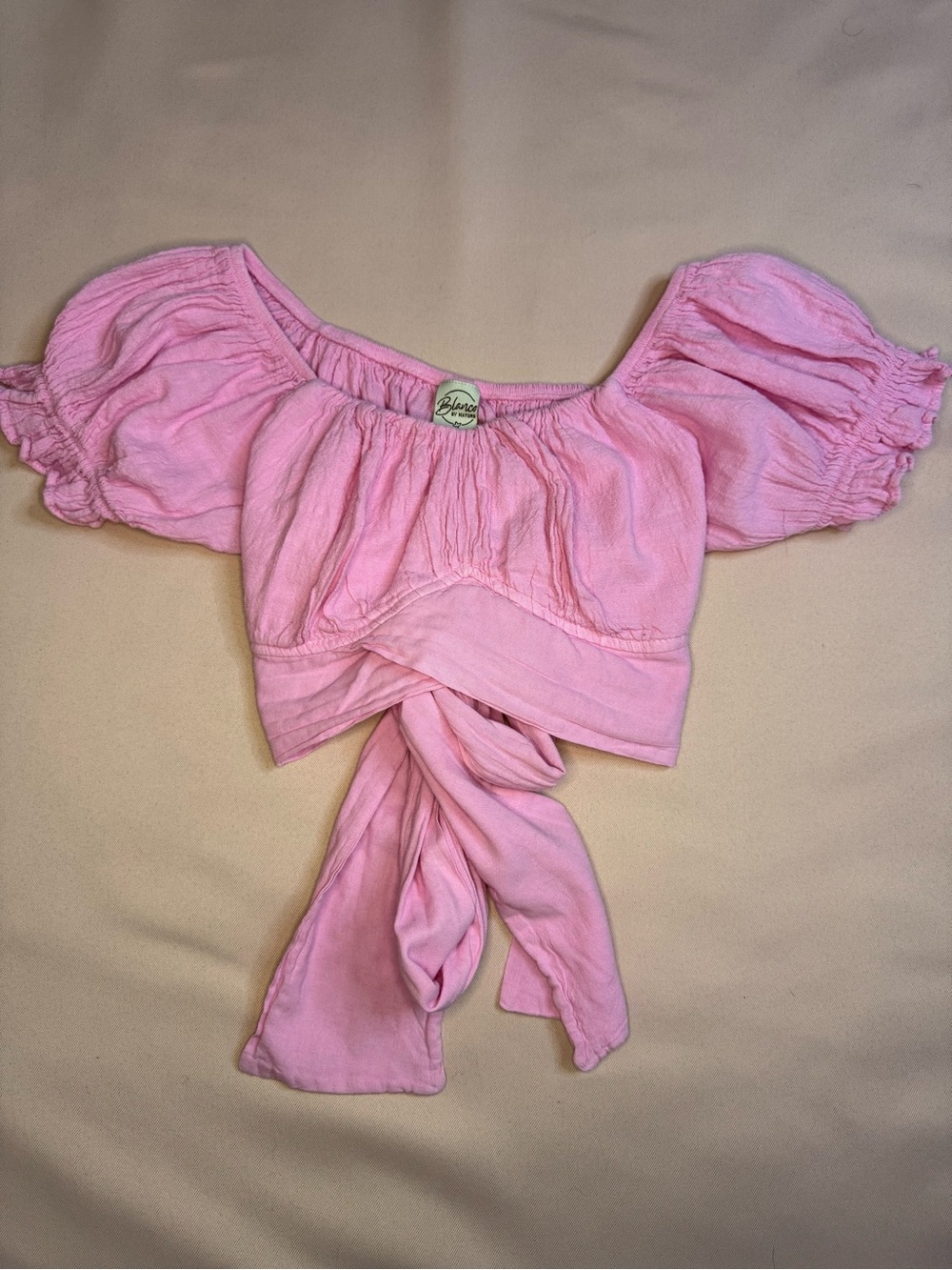 Blanco - 100% Cotton Pink Puff Sleeve Wrap Crop Top - Size S